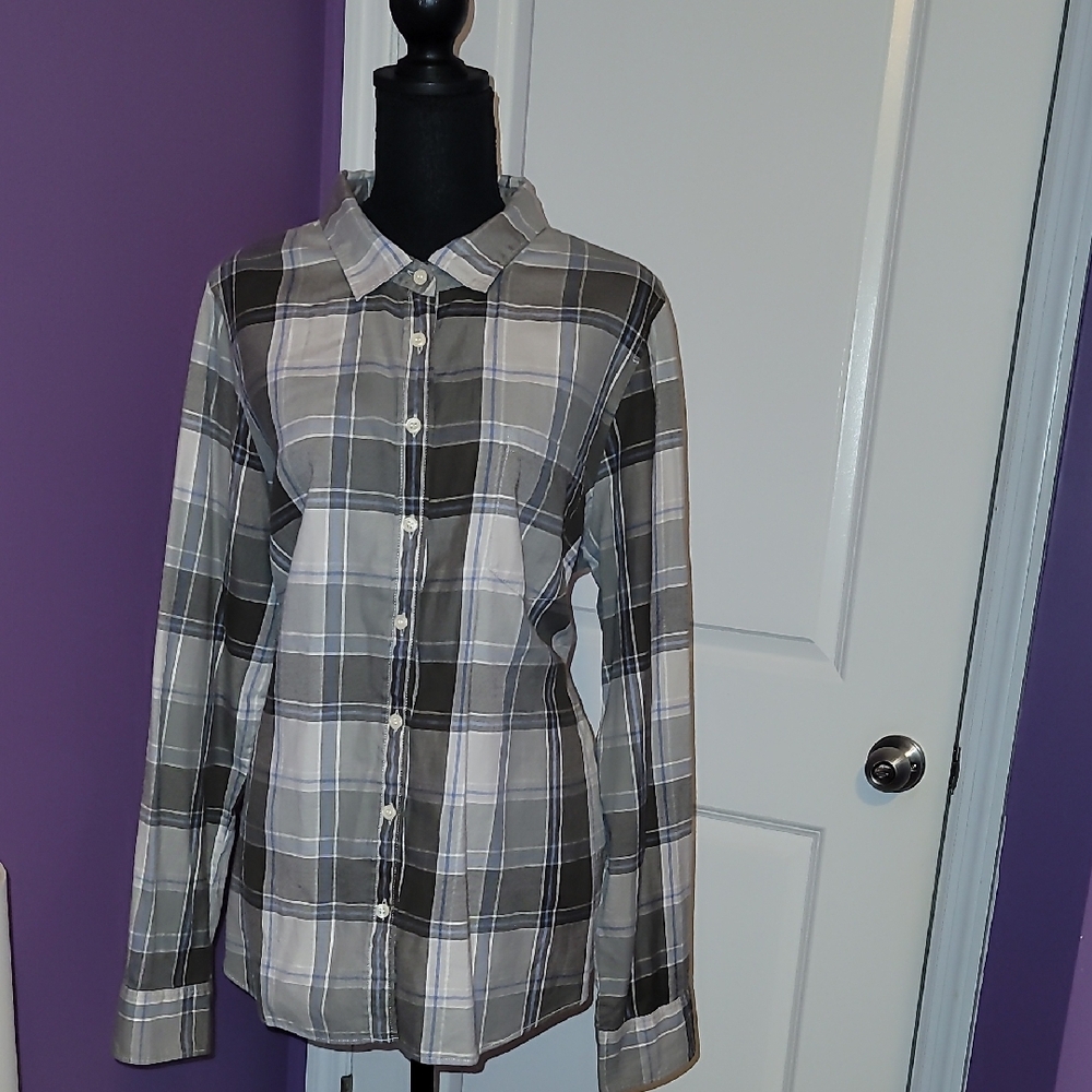 J Crew Women's Perfect Shirt Gray/Blue/White  half button down L/S shirt Sz: XL